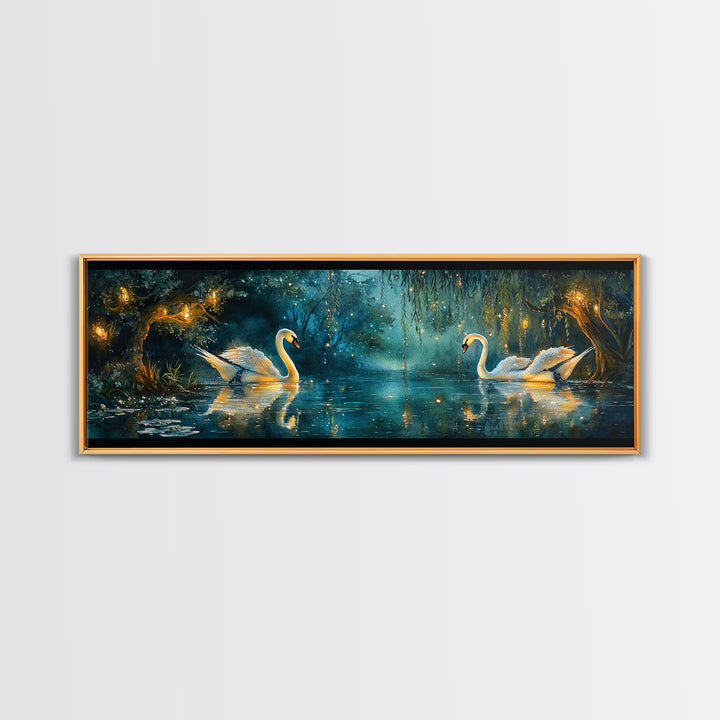 Moonlit Swans On Enchanted Pond Wall Art, Dark Botanical Framed Canvas Print, Romantic Bedroom Decor, Nature Wall Art Gift