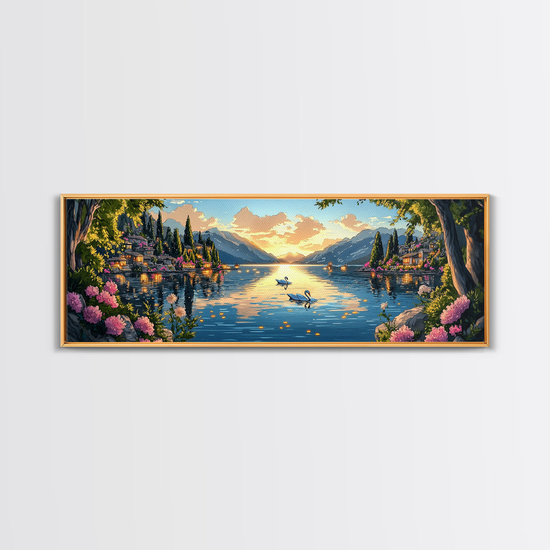 Italian Lake Sunset With Swans Framed Canvas Print, Romantic Coastal Wall Art, Mediterranean Decor, Large Living Room Art