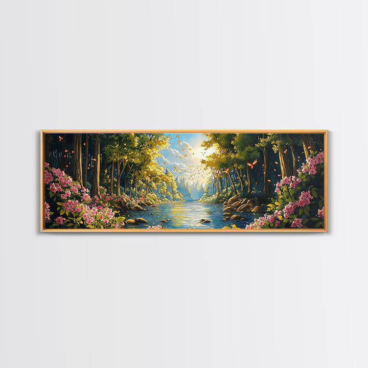 Enchanted Forest River With Flowers Canvas Print, Whimsical Wall Art, Nature Landscape Home Decor, Butterfly Gift For Her