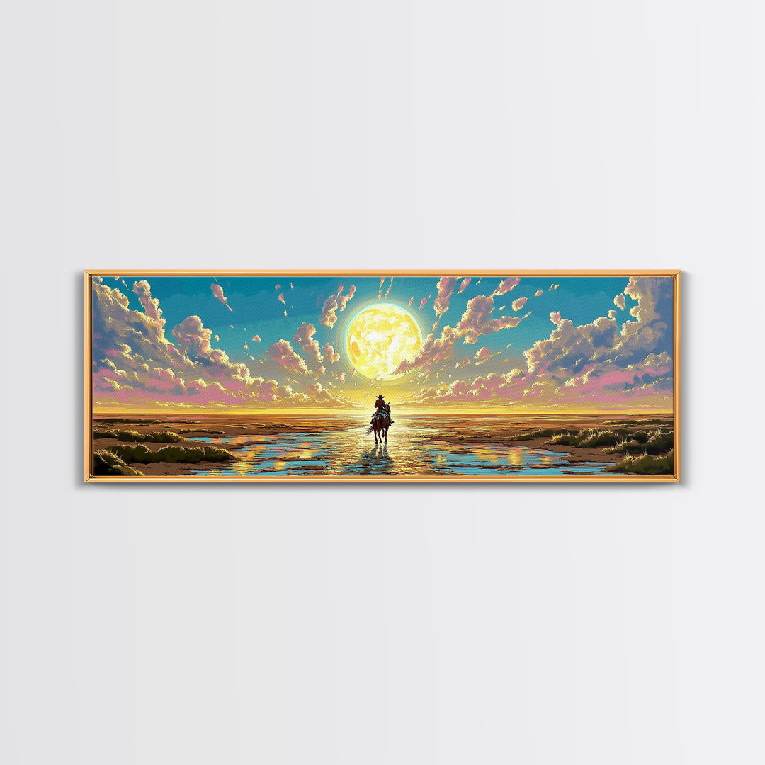 Solitary Rider Beneath Golden Moon Wall Art, Panoramic Western Landscape Print, Celestial Desert Decor, Above Bed Art Gift