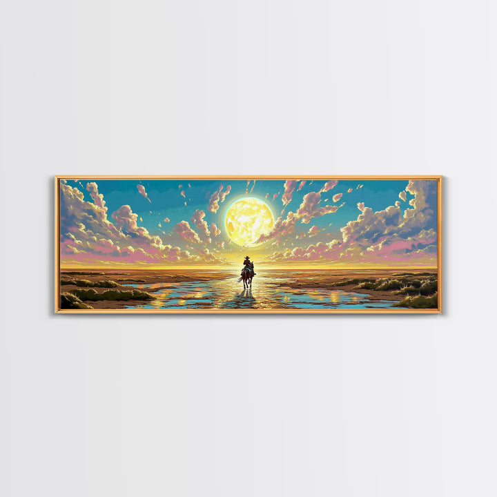 Solitary Rider Beneath Golden Moon Wall Art, Panoramic Western Landscape Print, Celestial Desert Decor, Above Bed Art Gift