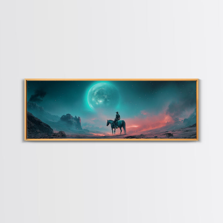 Moonlit Lone Rider In Teal Desert Wall Art, Fantasy Western Landscape Print, Moody Celestial Decor, Horse Lover Gift For Him
