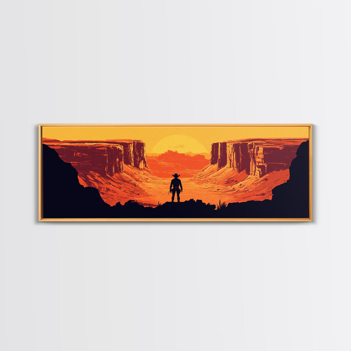 Cowboy Silhouette In Orange Desert Canyon Canvas Print, Retro Western Landscape, Southwestern Wall Decor, Man Cave Art Gift