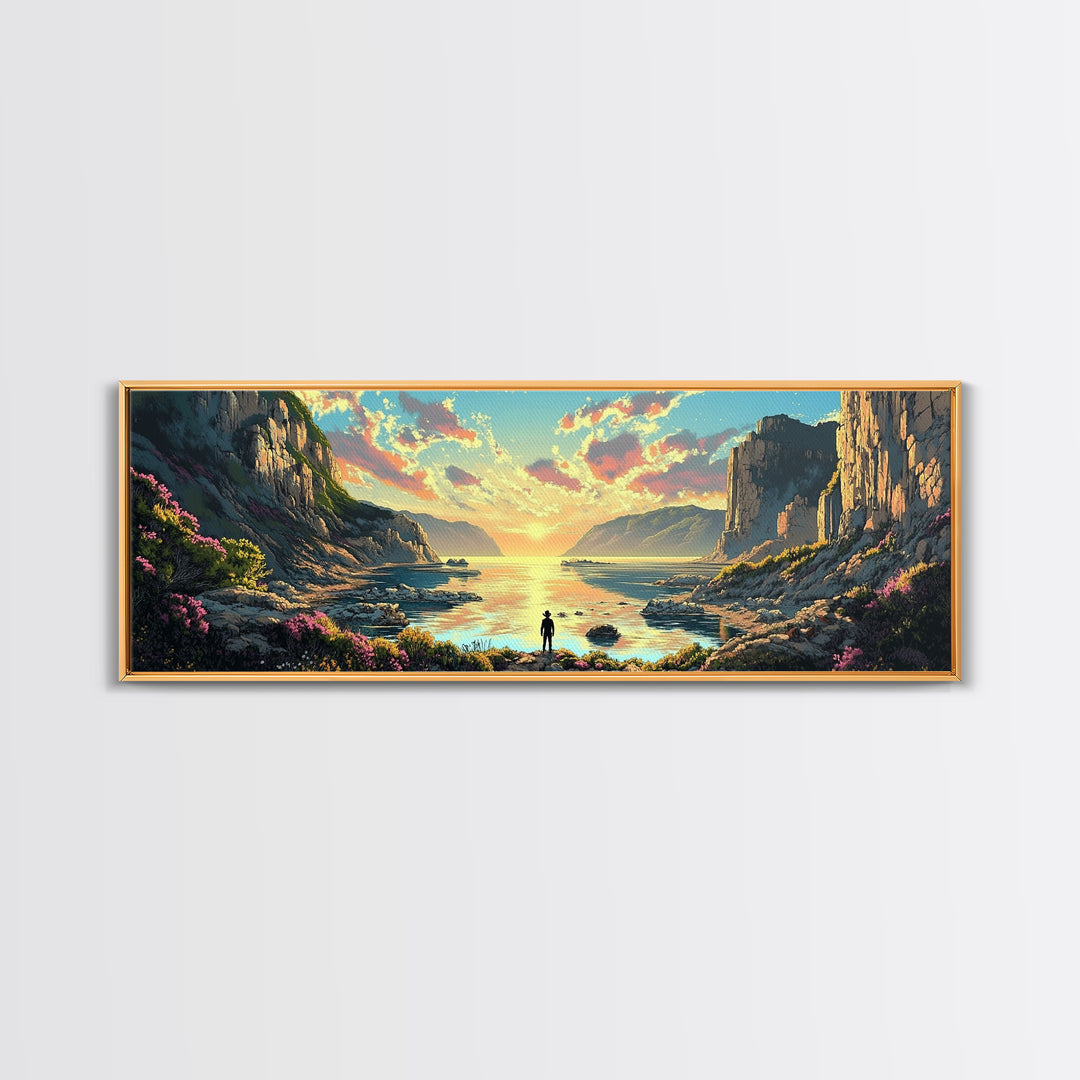 Lone Traveler At Golden Coastal Cliffs Framed Canvas Print, Serene Ocean Landscape, Panoramic Wall Decor For Living Room