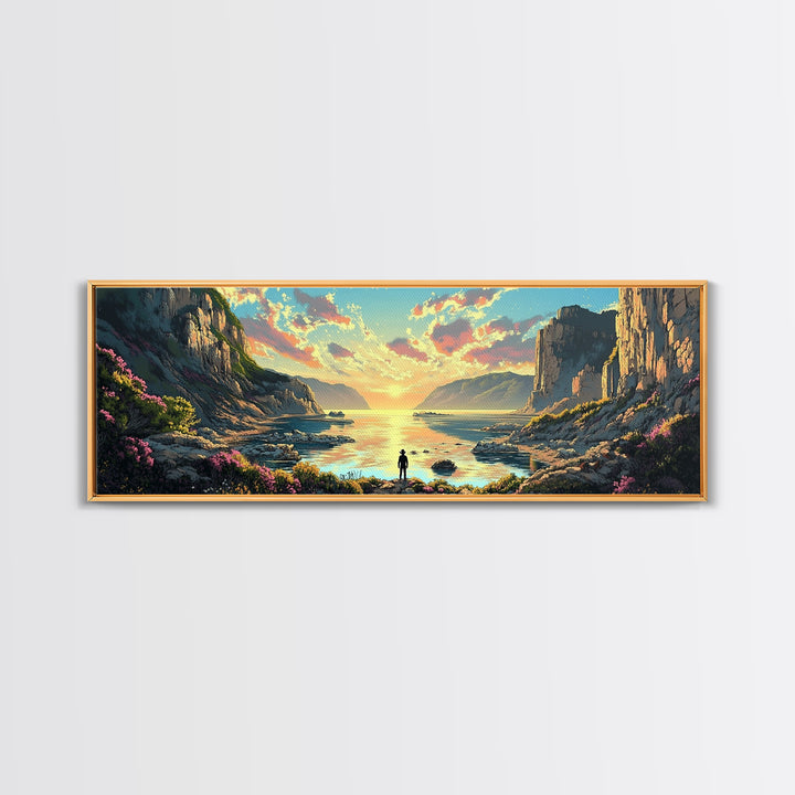 Lone Traveler At Golden Coastal Cliffs Framed Canvas Print, Serene Ocean Landscape, Panoramic Wall Decor For Living Room
