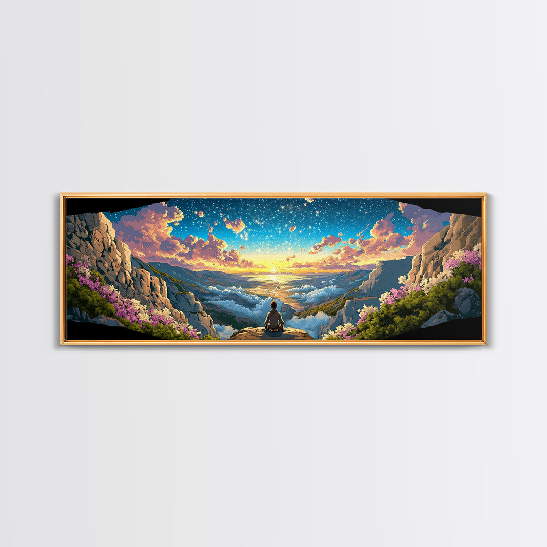 Meditating Figure Over Sunrise Mountain Valley Wall Art, Panoramic Fantasy Landscape Canvas Print For Living Room Decor Gift
