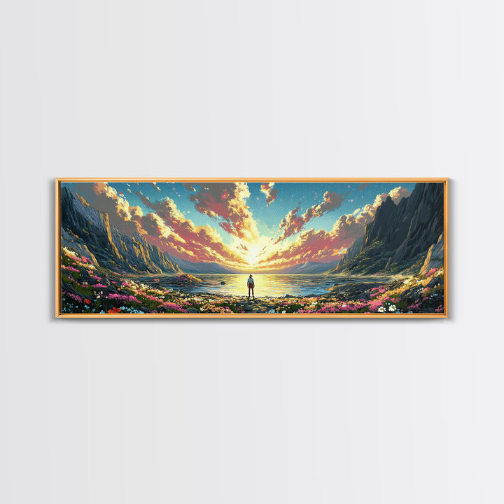 Lone Figure Beside Flowered Alpine Lake Wall Art, Panoramic Mountain Landscape Canvas Print For Bedroom Wall Decor Housewarming Gift