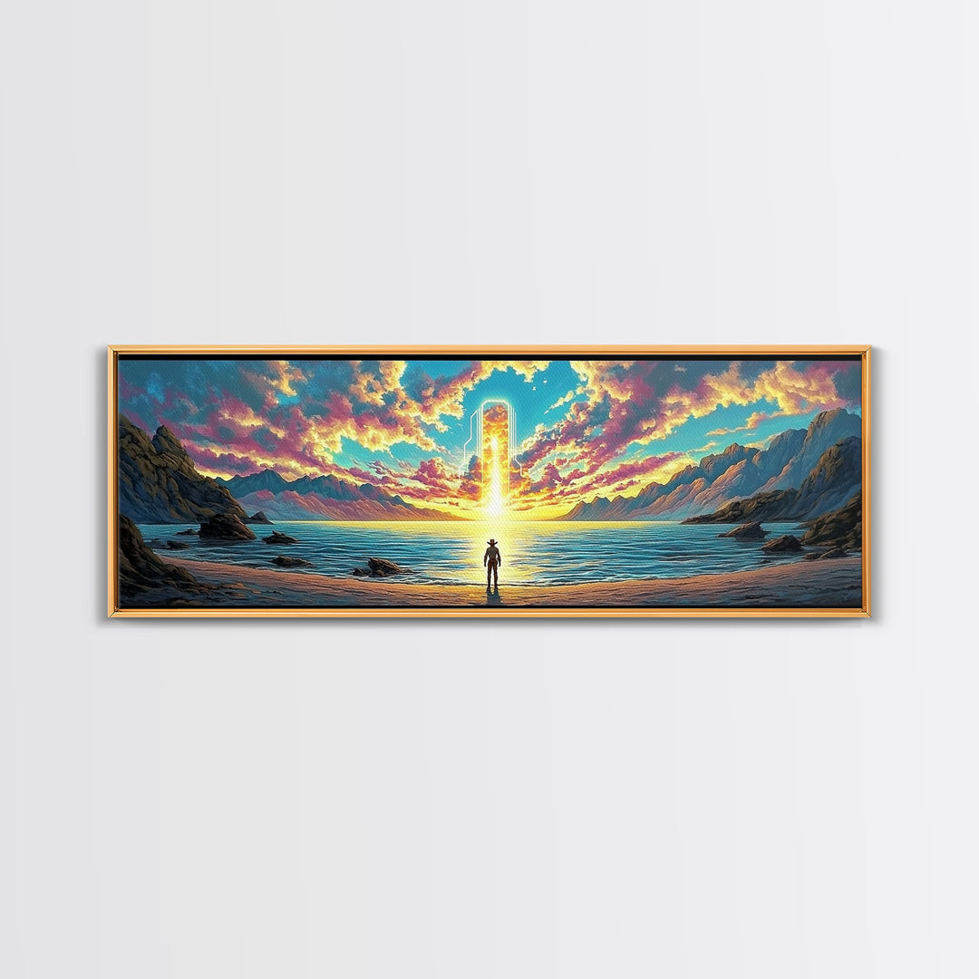 Glowing Portal Over Sunrise Ocean Shore Wall Art, Surreal Mountain Landscape Framed Canvas Print For Modern Living Room Decor