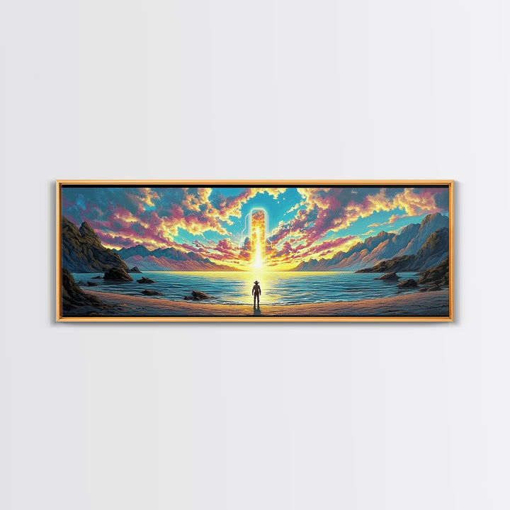 Glowing Portal Over Sunrise Ocean Shore Wall Art, Surreal Mountain Landscape Framed Canvas Print For Modern Living Room Decor