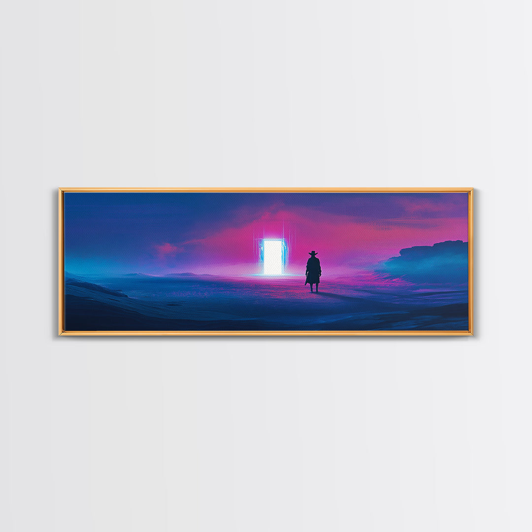 Cowboy Silhouette Facing Neon Ocean Portal Wall Art, Cyberpunk Western Landscape Canvas Print For Man Cave Wall Decor Gift