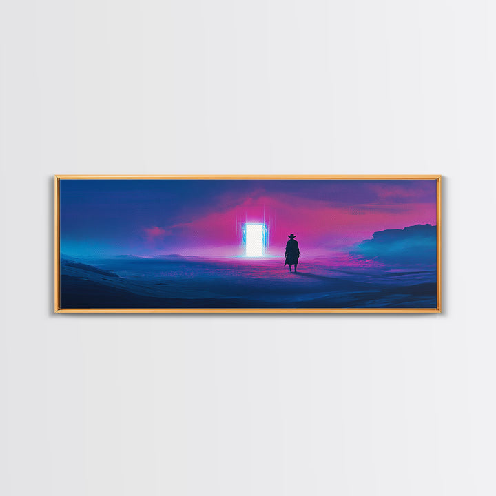 Cowboy Silhouette Facing Neon Ocean Portal Wall Art, Cyberpunk Western Landscape Canvas Print For Man Cave Wall Decor Gift
