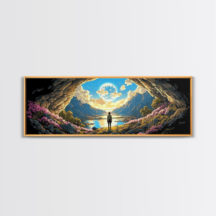 Adventurer In Moonlit Cave Opening Wall Art, Panoramic Alpine Lake Landscape Canvas Print For Fantasy Bedroom Decor Gift