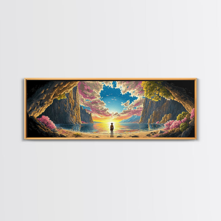 Lone Figure In Sunlit Coastal Cave Wall Art, Dramatic Panoramic Seascape Landscape Canvas Print For Beach House Living Room Decor Gift