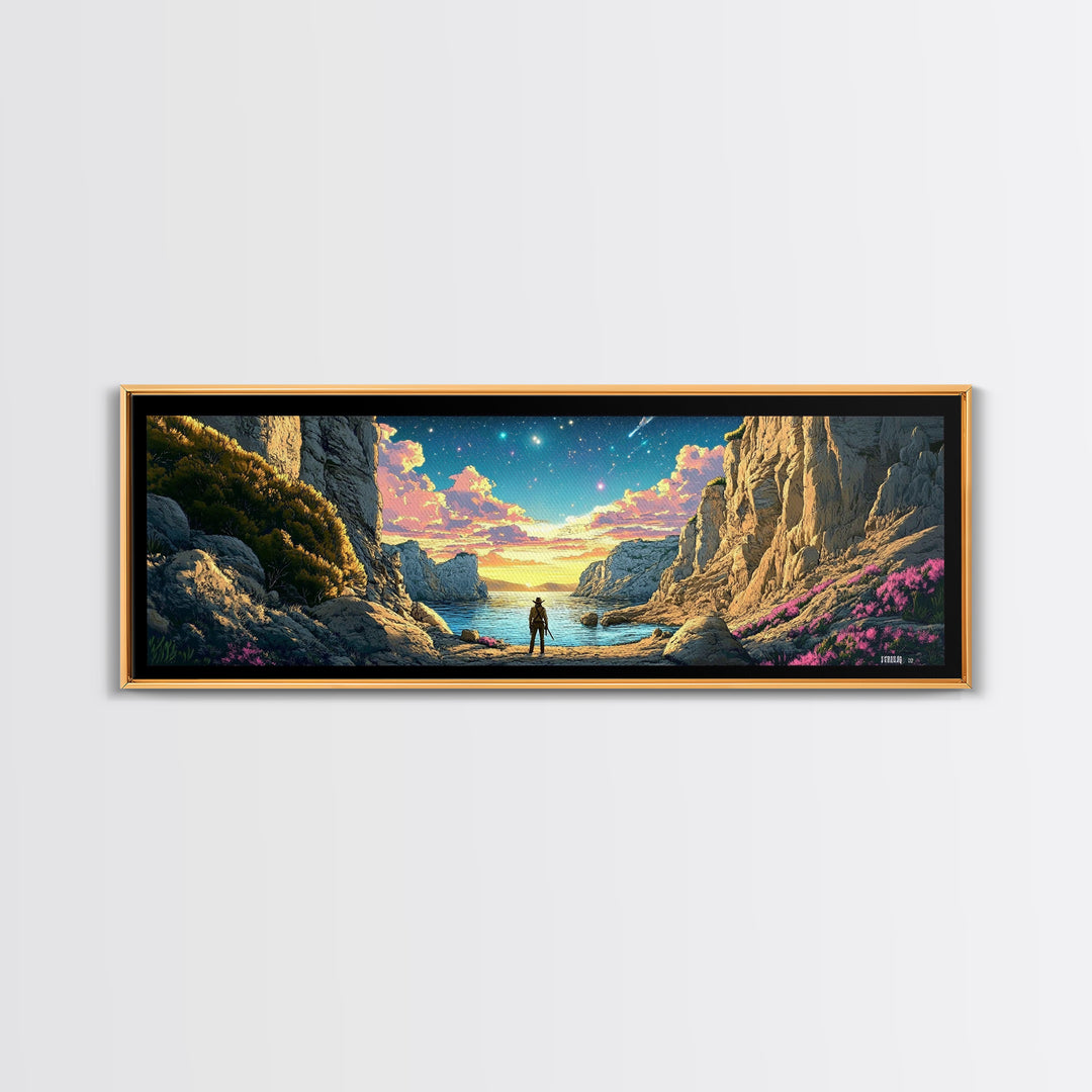 Explorer At Rocky Starlit Sea Cove Large Wall Art, Panoramic Coastal Landscape Canvas Print For Living Room Wall Decor Gift