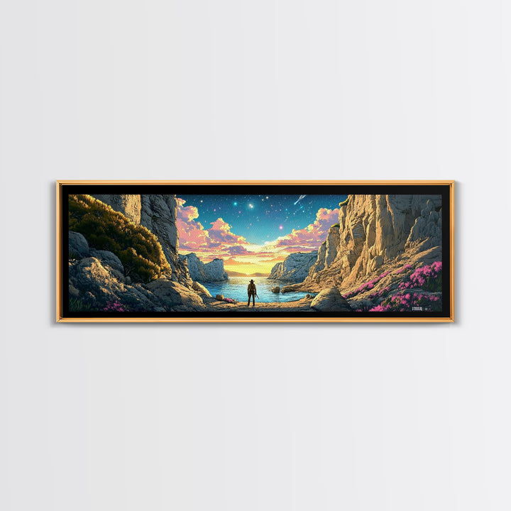 Explorer At Rocky Starlit Sea Cove Large Wall Art, Panoramic Coastal Landscape Canvas Print For Living Room Wall Decor Gift