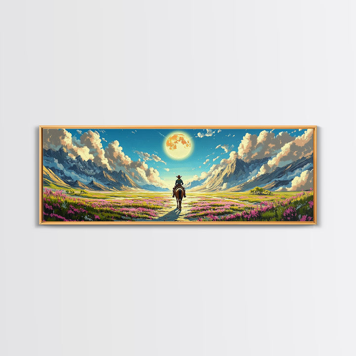 Cowboy Riding Through Moonlit Flower Valley Wall Art, Western Mountain Landscape Framed Canvas Print For Rustic Home Decor Gift