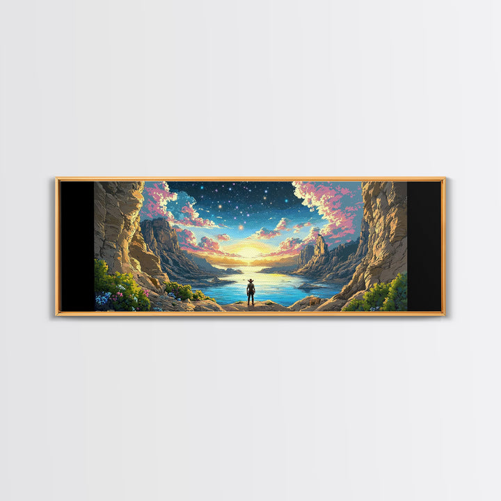 Starry Canyon Lake Cowboy Wall Art, Western Landscape Canvas Print, Sci Fi Desert Decor, Panoramic Living Room Art, Home Decor