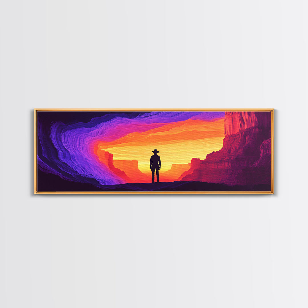 Neon Sunset Cowboy Canyon Wall Art, Western Desert Canvas Print, Vibrant Southwestern Decor, Panoramic Man Cave Art, Home Decor
