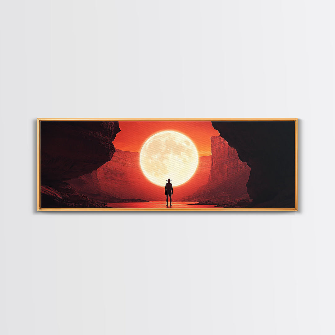 Full Moon Cowboy Cave Wall Art, Red Desert Framed Canvas Print, Western Sci Fi Decor, Panoramic Bedroom Wall Decor, Home Decor