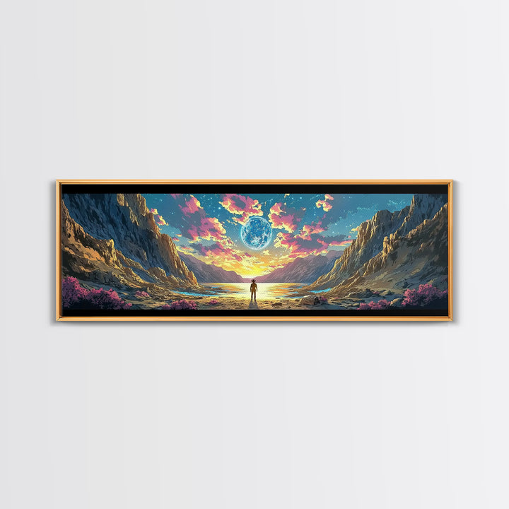 Alien Moon Mountain Valley Wall Art, Fantasy Landscape Canvas Print, Celestial Sci Fi Decor, Panoramic Living Room Art, Home Decor