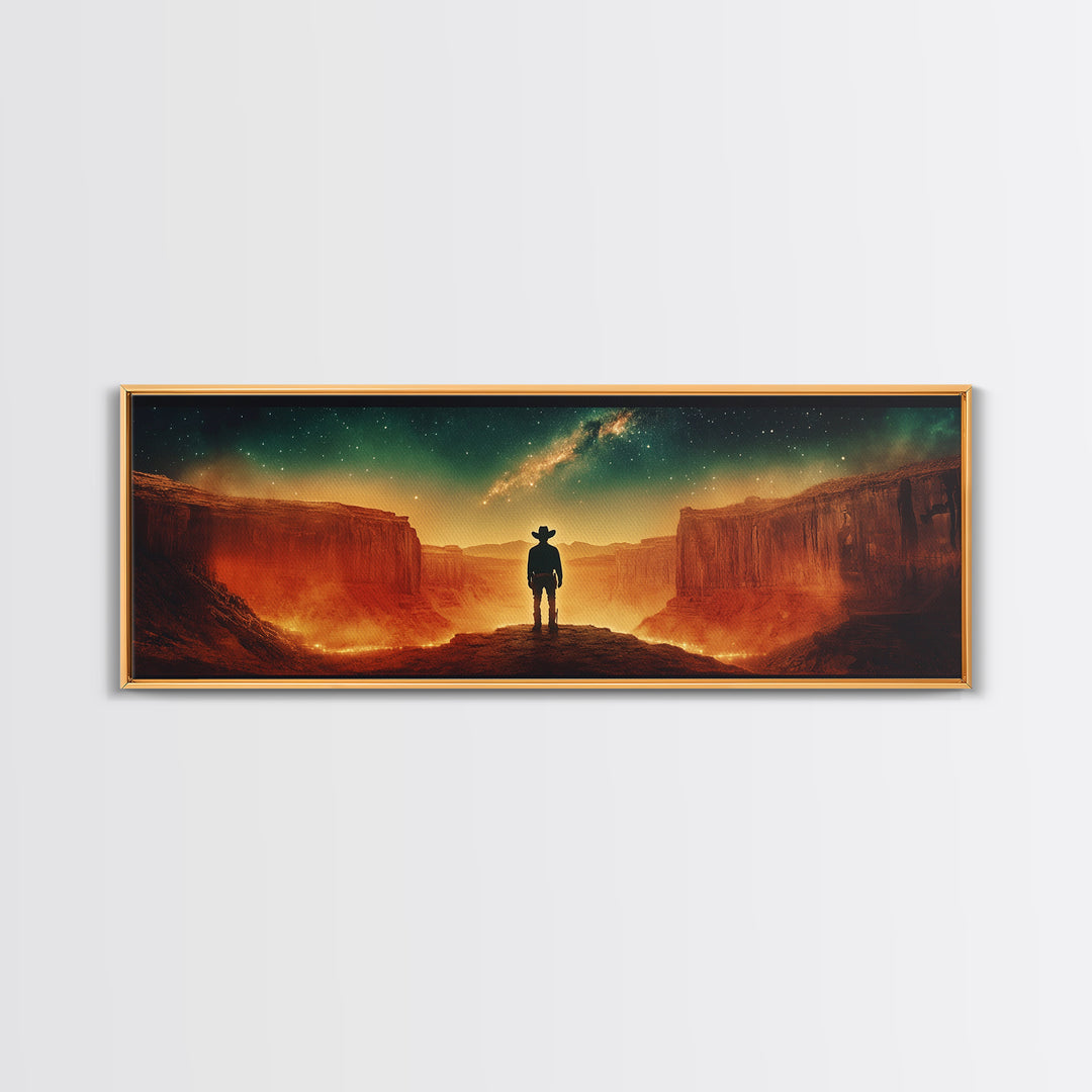 Milky Way Canyon Cowboy Wall Art, Western Desert Canvas Print, Sci Fi Night Sky Decor, Panoramic Office Decor Living Room Art