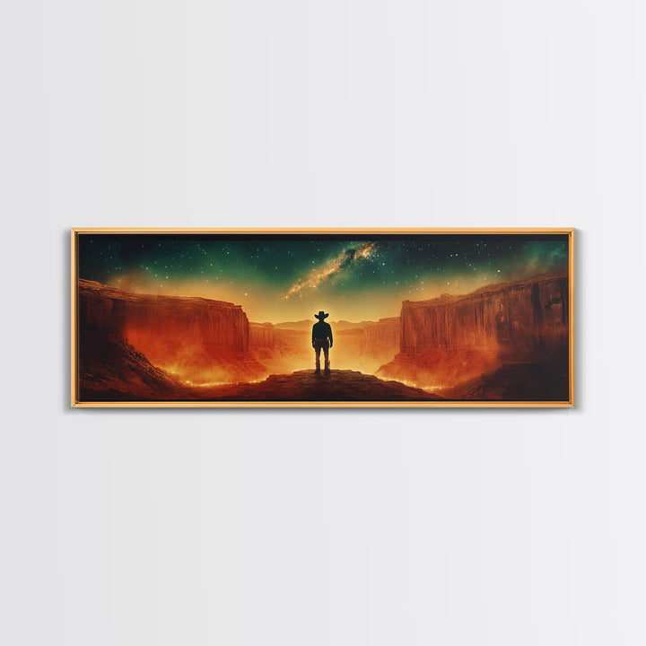 Milky Way Canyon Cowboy Wall Art, Western Desert Canvas Print, Sci Fi Night Sky Decor, Panoramic Office Decor Living Room Art