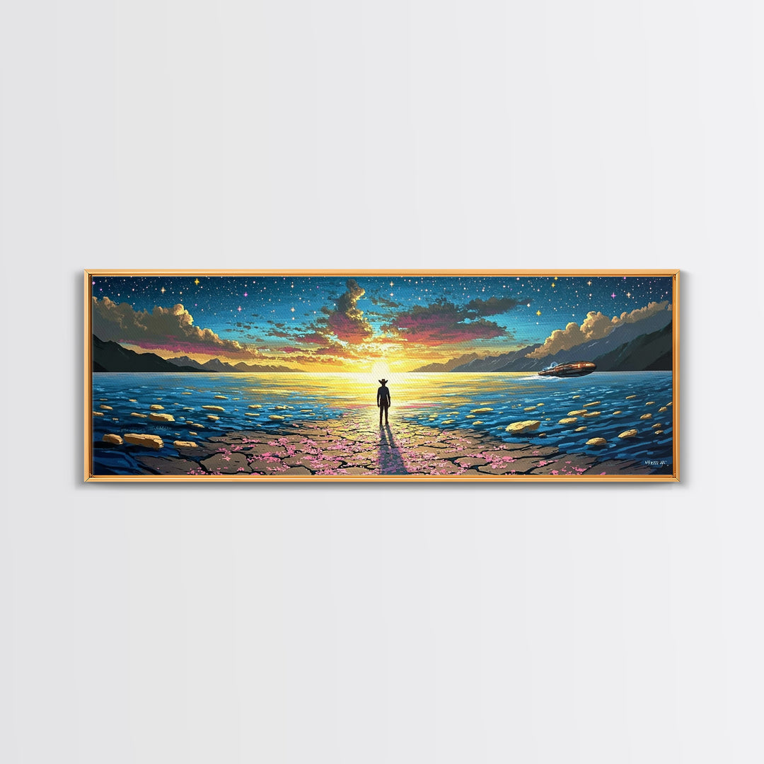 Starry Ocean Horizon Cowboy Wall Art, Coastal Sci Fi Canvas Print, Blue Seascape Decor, Panoramic Fantasy Landscape Art, Home Decor