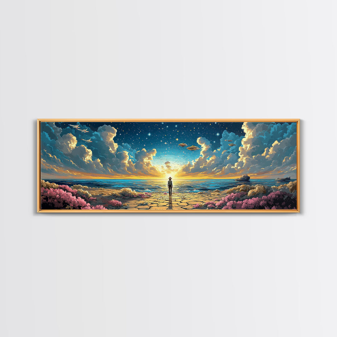 Ufo Seaside Sunrise Cowboy Wall Art, Coastal Sci Fi Canvas Print, Starry Ocean Decor, Panoramic Fantasy Living Room Art, Home Decor