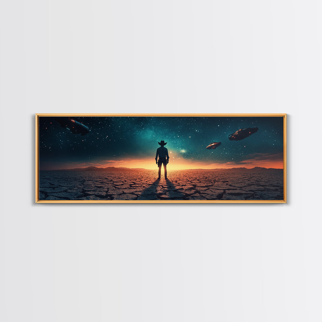 Ufo Desert Wanderer Cowboy Wall Art, Sci Fi Western Canvas Print, Alien Landscape Decor, Panoramic Man Cave Office Art, Home Decor
