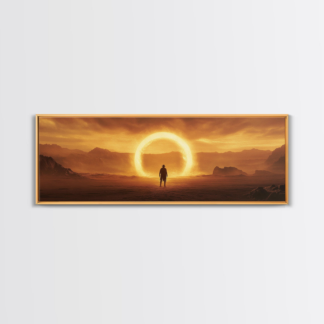 Golden Eclipse Cowboy Desert Wall Art, Western Sci Fi Canvas Print, Surreal Landscape Decor, Panoramic Living Room Art, Home Decor