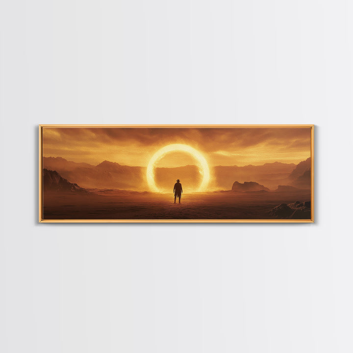 Golden Eclipse Cowboy Desert Wall Art, Western Sci Fi Canvas Print, Surreal Landscape Decor, Panoramic Living Room Art, Home Decor