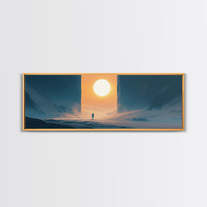Solitary Figure Before Giant Sun Canvas Print, Futuristic Icy Landscape Wall Decor, Sci Fi Minimalist Art, Modern Office Decor
