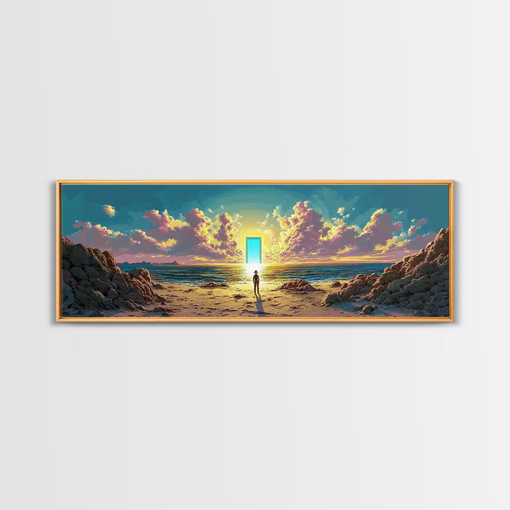 Glowing Doorway On Rocky Beach Wall Art, Surreal Ocean Sunset Canvas, Coastal Fantasy Decor, Mystical Living Room Art Print