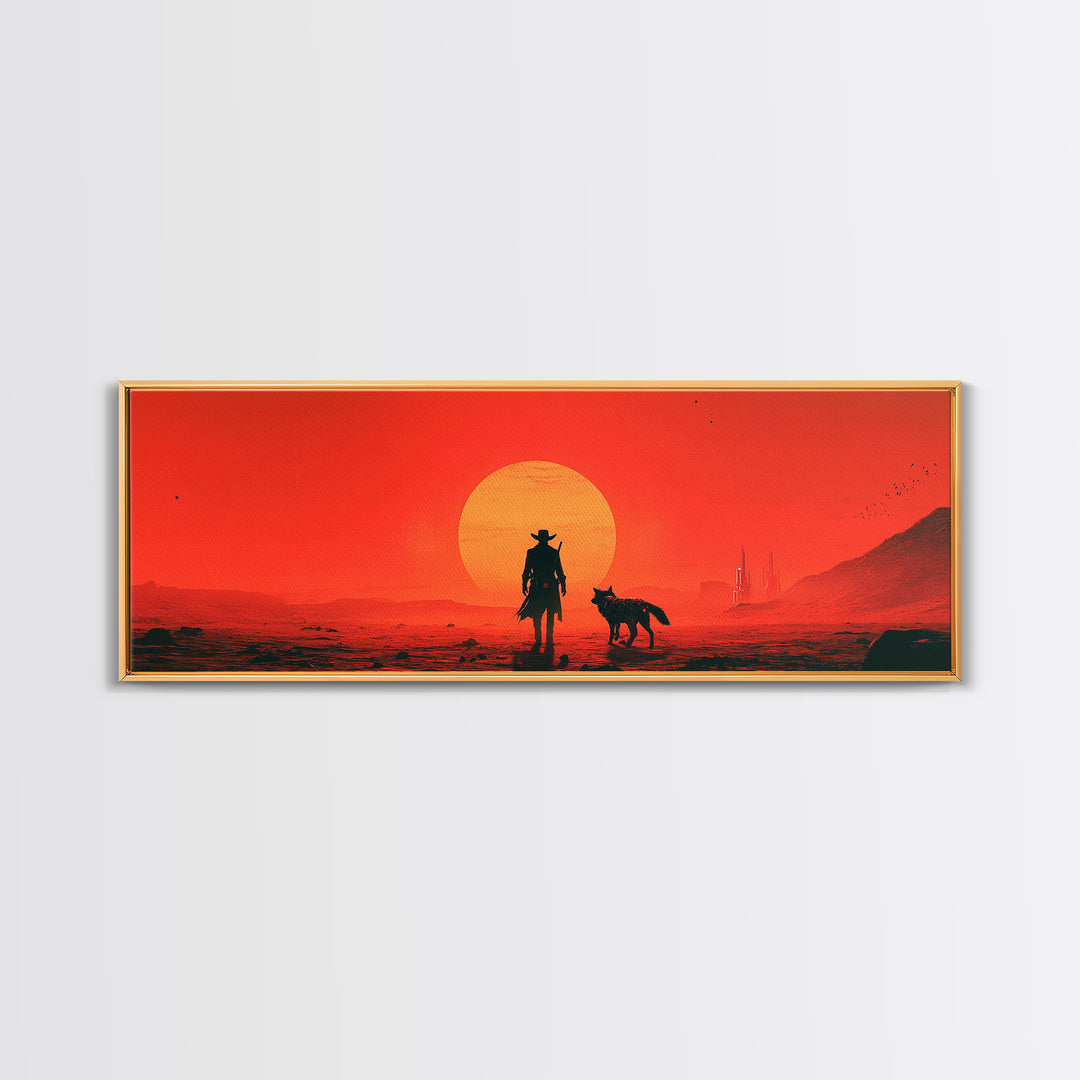 Red Sci Fi Cowboy And Dog Sunset Wall Art, Western Desert Landscape, Futuristic Dystopian Decor, Large Man Cave Gift Print