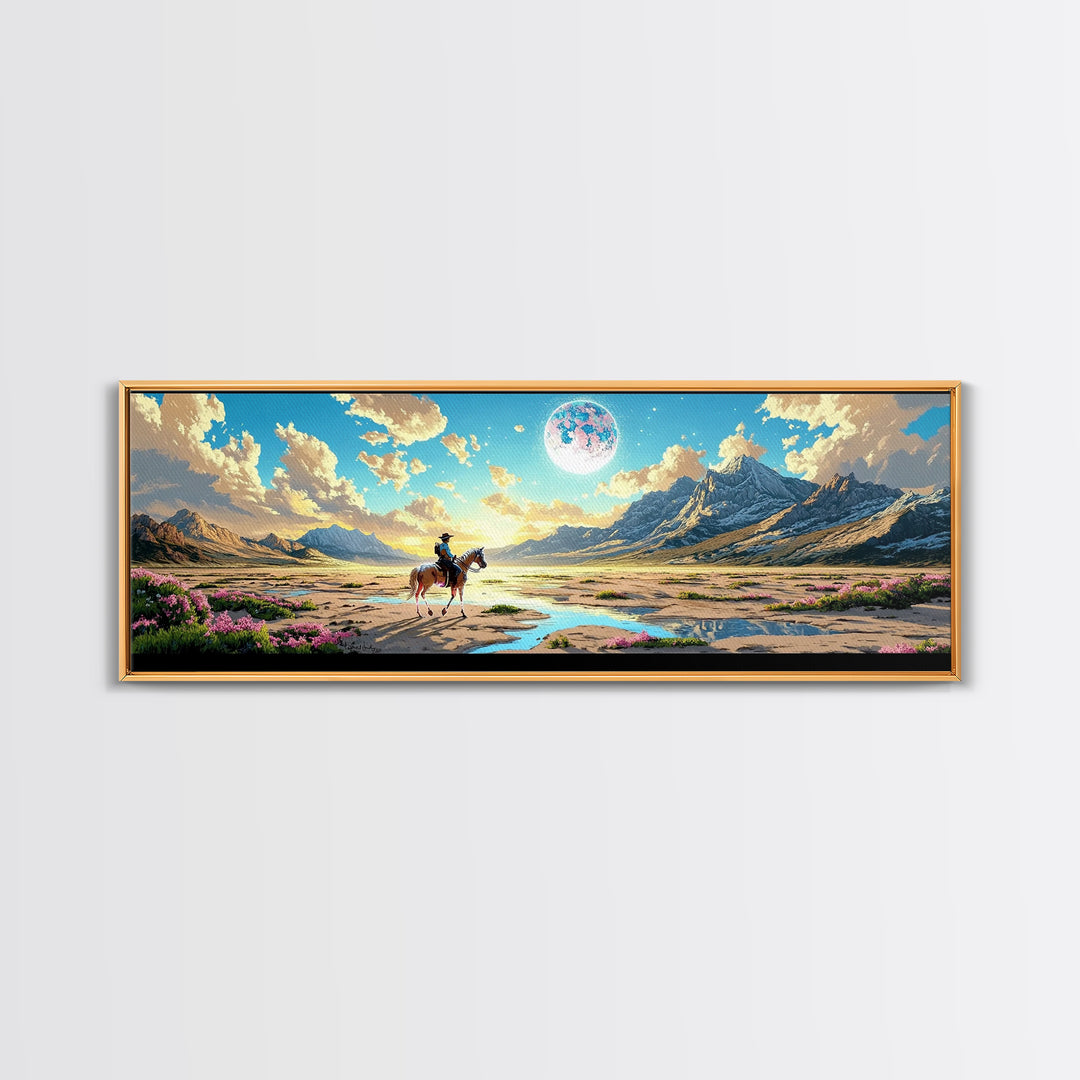 Lone Horse Rider Under Moon Canvas Print, Mountain Landscape Art, Western Wall Decor, Large Living Room Home Decor Gift Print