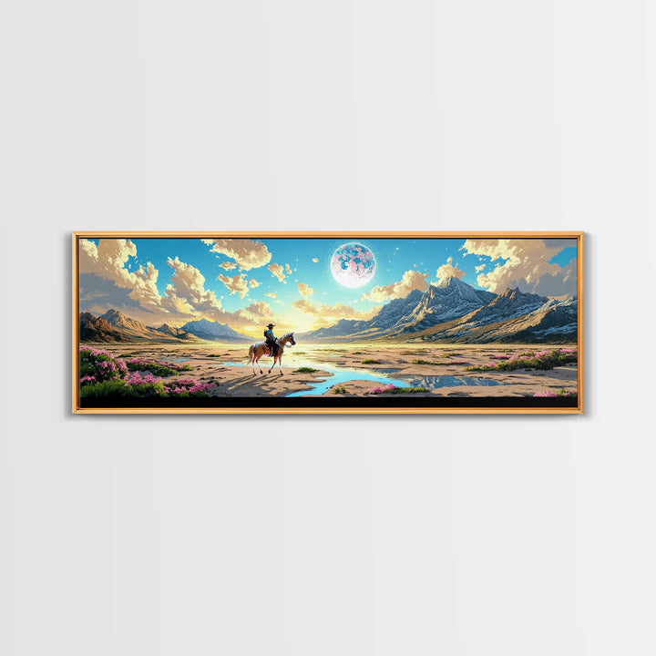 Lone Horse Rider Under Moon Canvas Print, Mountain Landscape Art, Western Wall Decor, Large Living Room Home Decor Gift Print