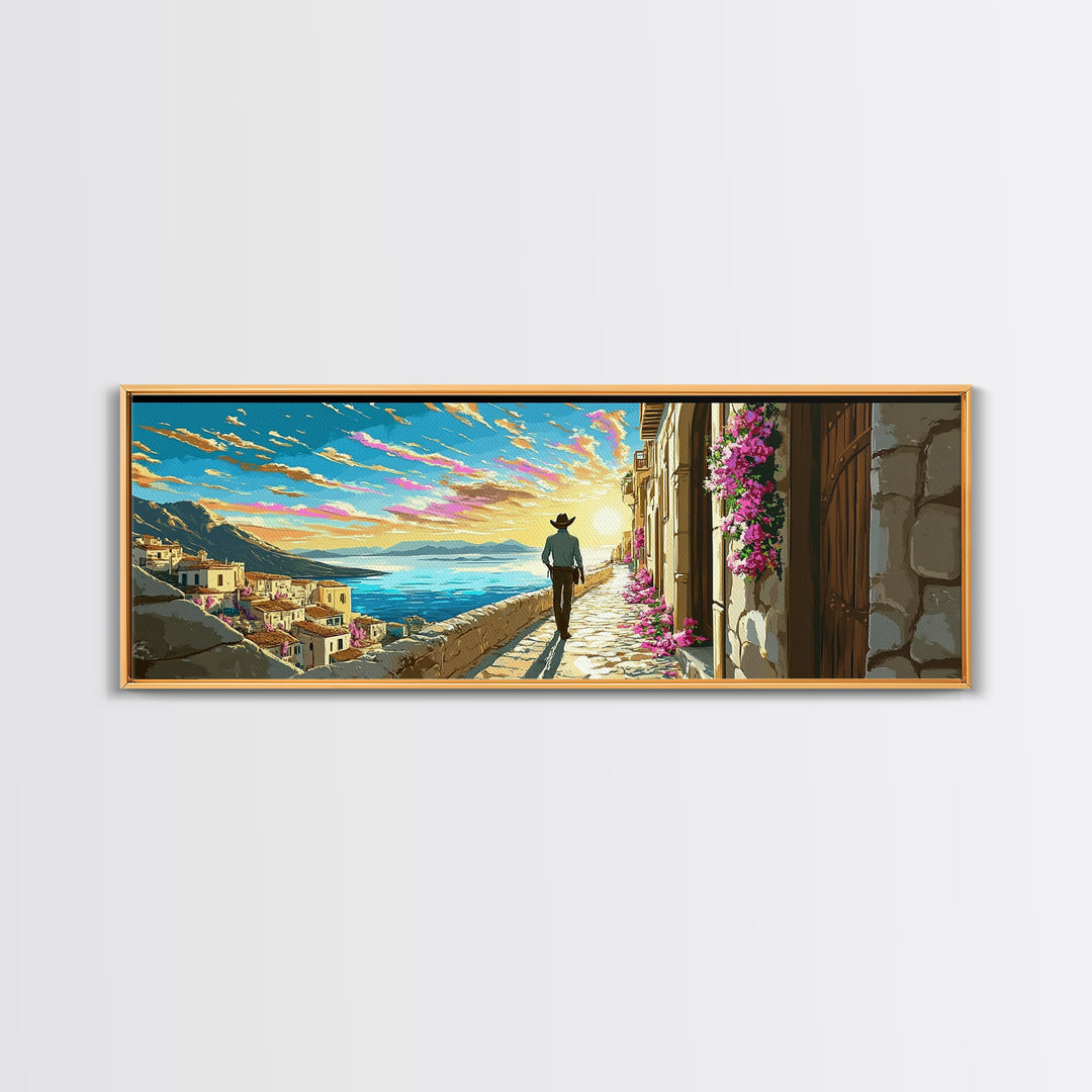 Sunlit Mediterranean Terrace Canvas Print, Coastal Village Wall Art, Italy Travel Poster, Beach House Living Room Decor Gift