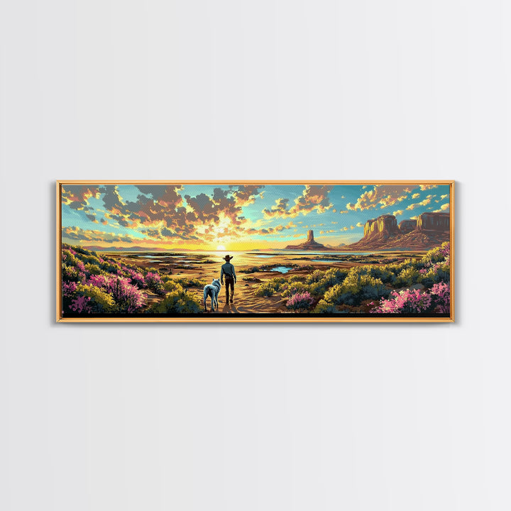 Cowboy And Dog Desert Sunset Framed Canvas Print, Western Landscape Art, Wildflower Wall Decor, Large Home Decor Gift Print