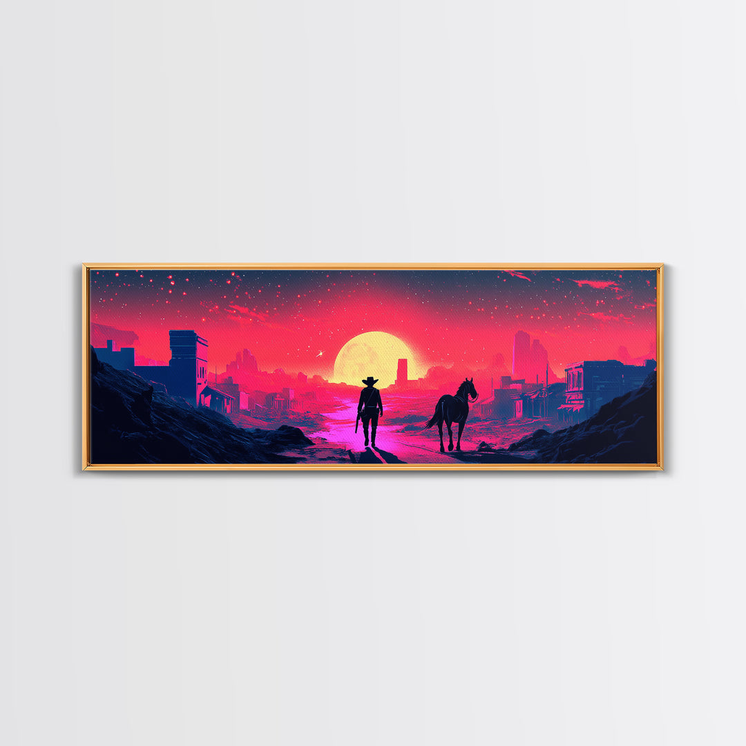 Neon Cowboy And Horse Dystopian City Wall Art, Cyberpunk Sunset Landscape, Sci Fi Poster, Large Gaming Room Decor Gift Print
