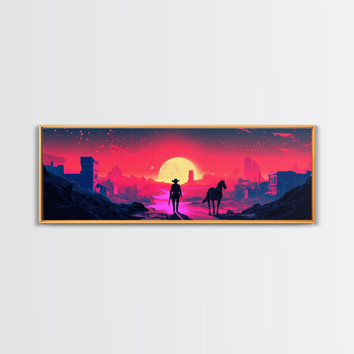Neon Cowboy And Horse Dystopian City Wall Art, Cyberpunk Sunset Landscape, Sci Fi Poster, Large Gaming Room Decor Gift Print