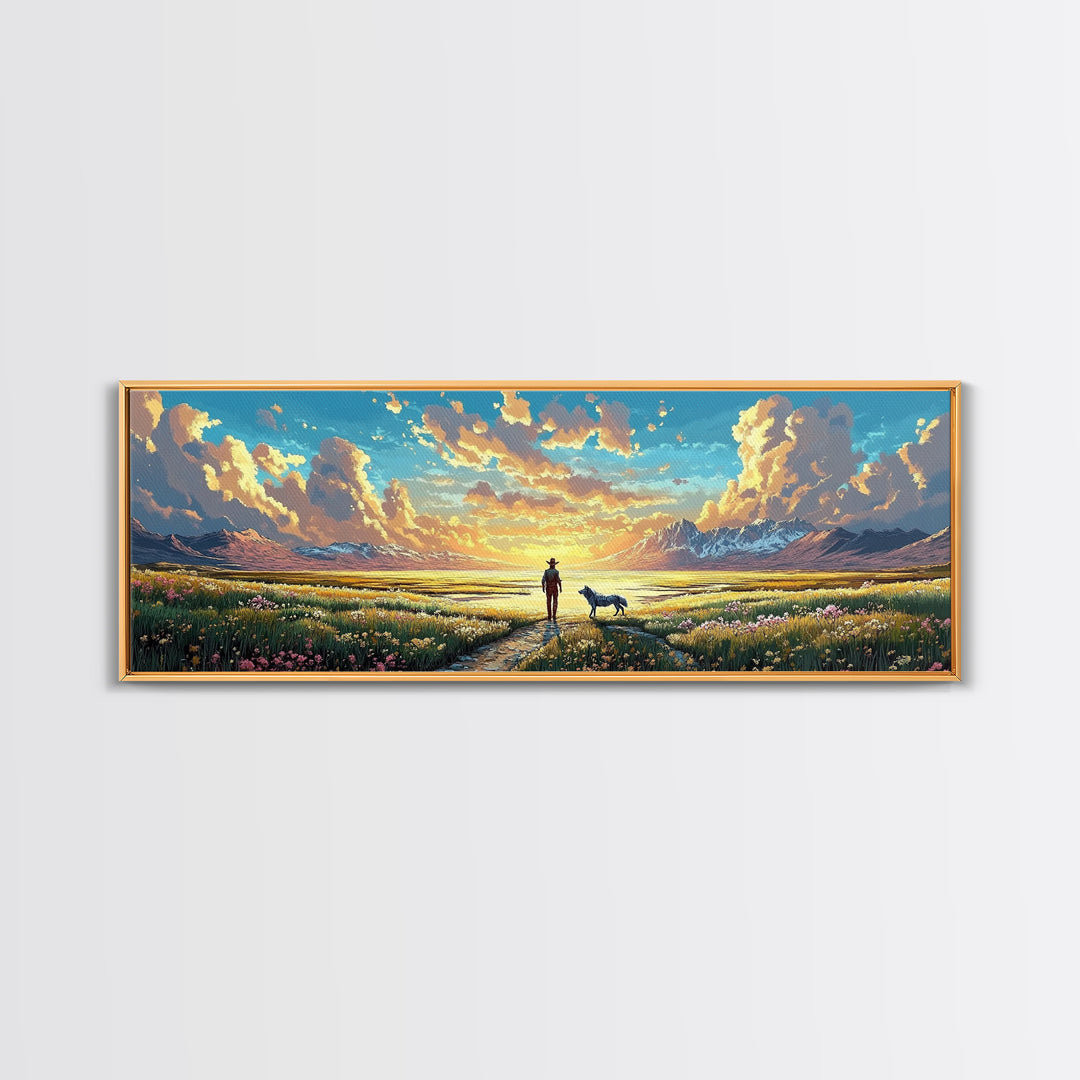 Lone Cowboy And Dog Wildflower Prairie Canvas Print, Mountain Landscape Wall Art, Western Home Decor, Housewarming Gift Print