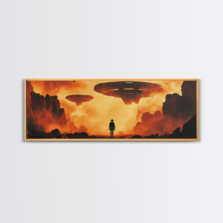 Cowboy Facing Giant UFOs Framed Canvas Print, Sci Fi Desert Canyon Wall Art, Dystopian Western Poster, Man Cave Decor Gift Print
