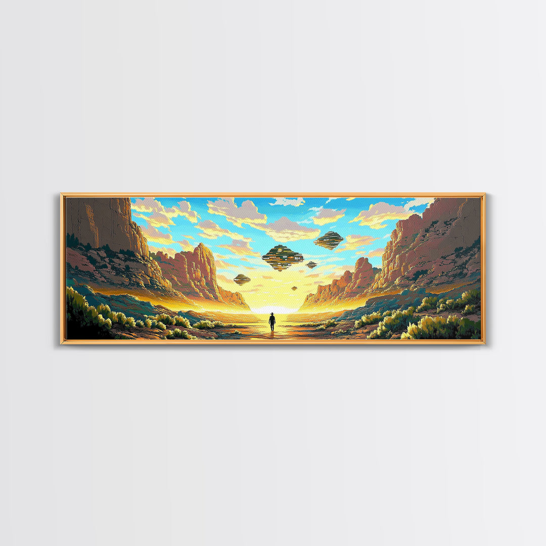 Alien Canyon Explorer With UFOs Canvas Print, Panoramic Sci Fi Desert Landscape Wall Art For Gaming Room Decor And Office Decor