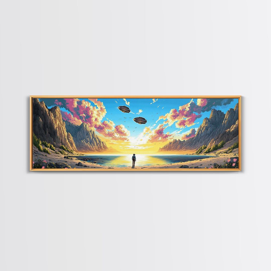 Pastel Alien Coast With UFOs Framed Canvas Print, Panoramic Sci Fi Ocean Landscape Wall Art For Beach House Decor And Living Room Decor