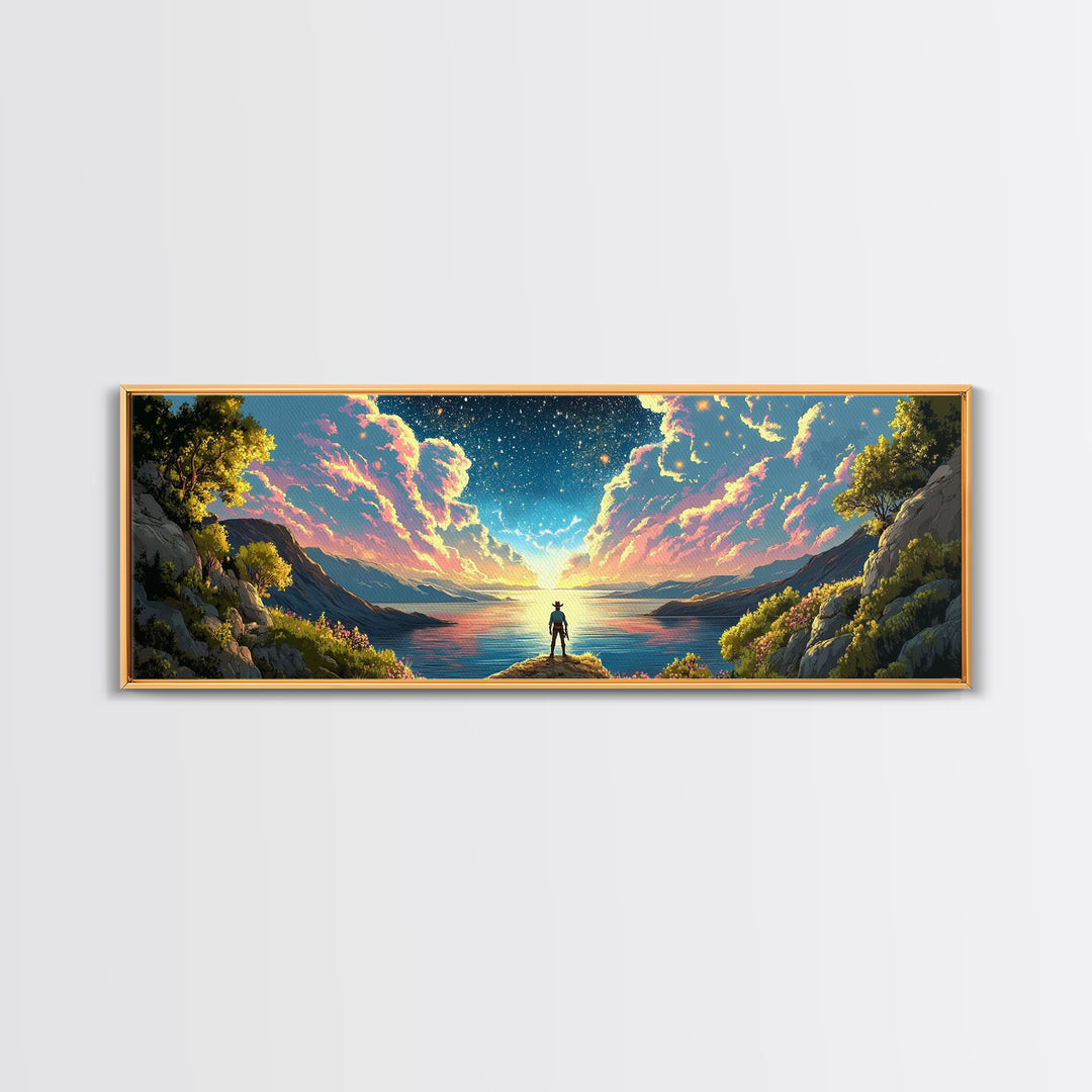 Starlit Lake Explorer Under Pink Clouds Canvas Print, Panoramic Celestial Landscape Wall Art For Dreamy Bedroom Decor And Office Decor