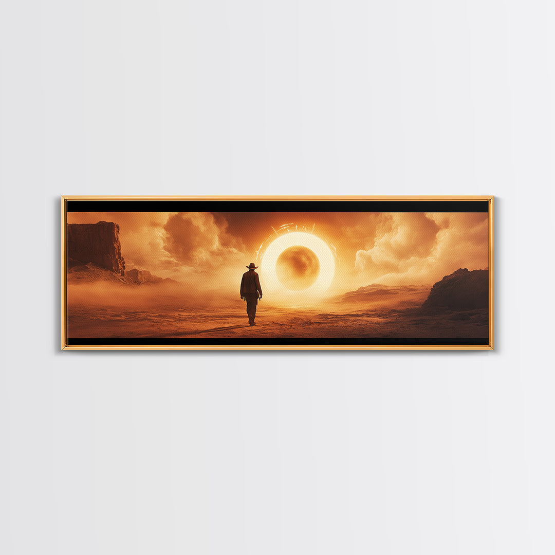 Surreal Desert Eclipse Cowboy Framed Canvas Print, Cinematic Western Landscape Wall Art For Man Cave Decor And Office Decor