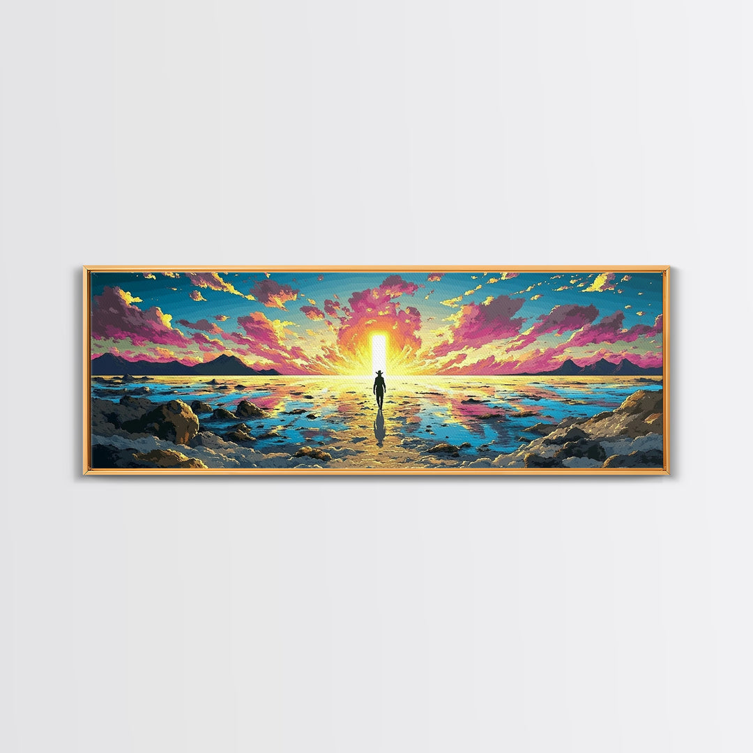 Vibrant Ocean Sunrise Explorer Canvas Print, Panoramic Sci Fi Seascape Wall Art For Coastal Bedroom Decor And Living Room