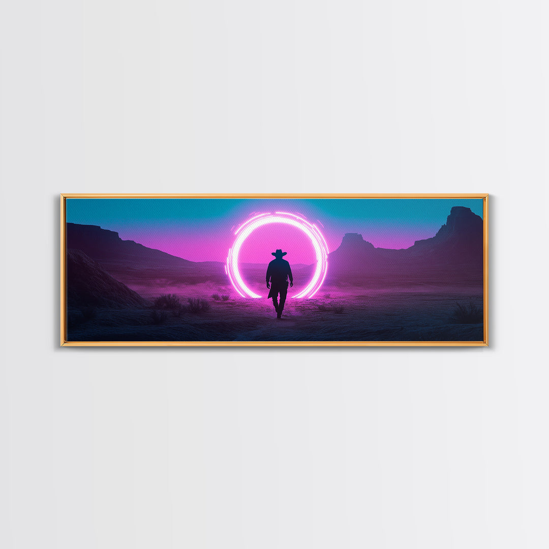 Neon Portal Cowboy In Purple Desert Framed Canvas Print, Synthwave Western Wall Art For Gaming Room Decor And Man Cave Decor