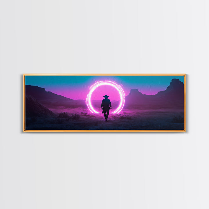 Neon Portal Cowboy In Purple Desert Framed Canvas Print, Synthwave Western Wall Art For Gaming Room Decor And Man Cave Decor