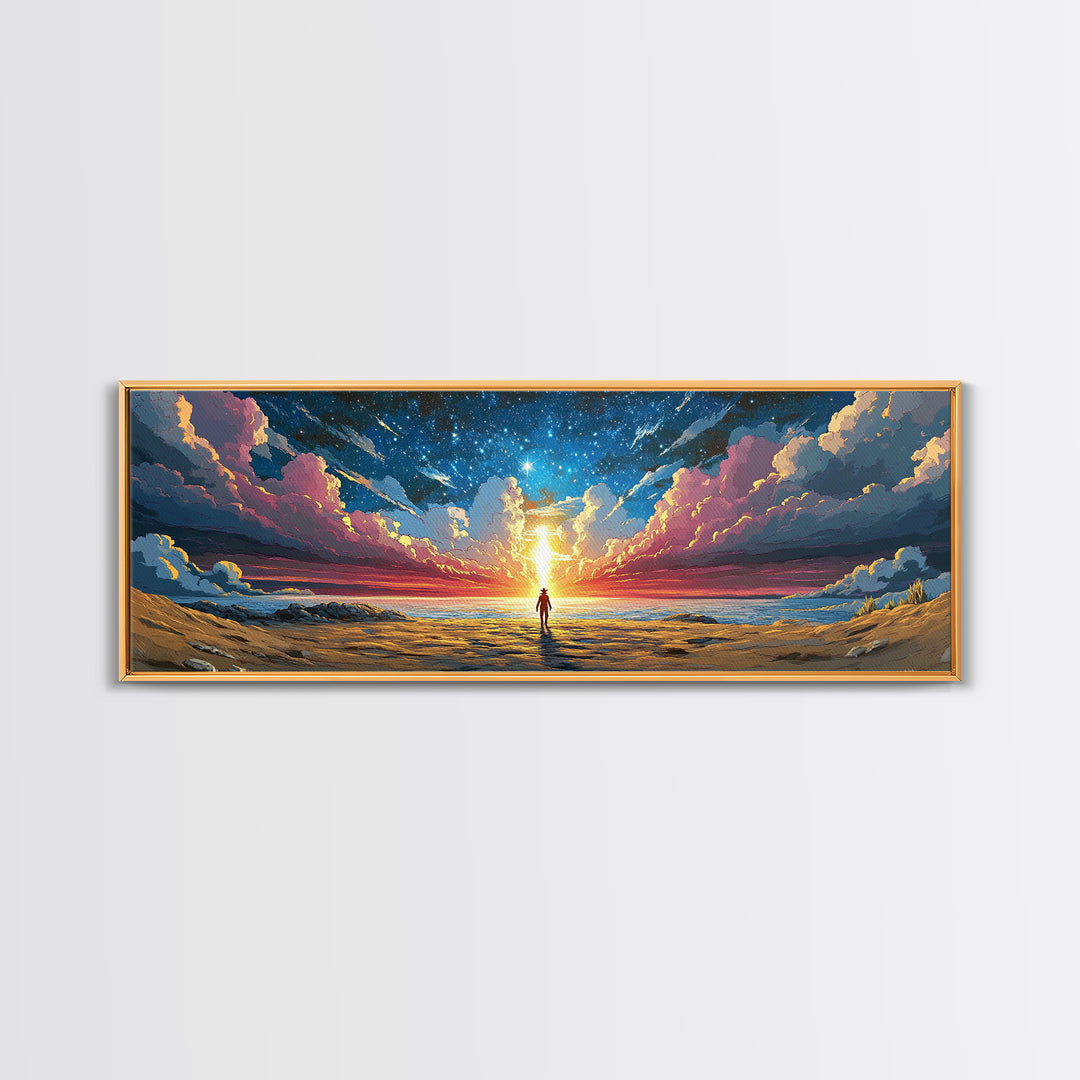 Cosmic Beach Explorer Beneath Starry Sky Canvas Print, Panoramic Sci Fi Seascape Wall Art For Space Lover Decor And Bedroom Decor